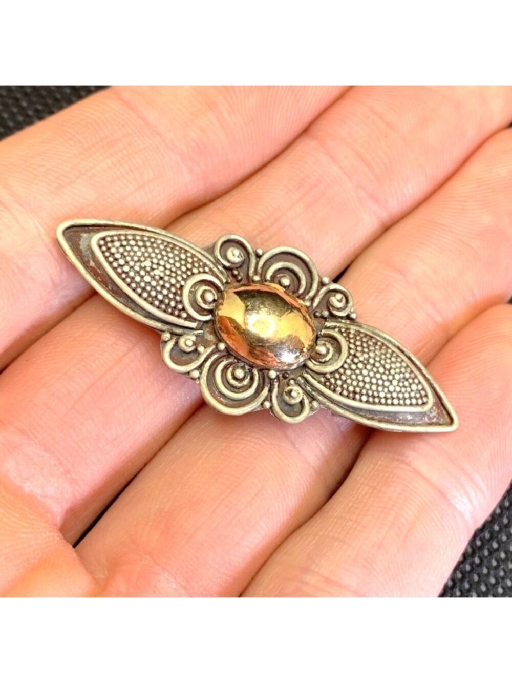 Beaded Scroll Design Sterling Silver 925 Brooch Bar Pin Gold Overlay Size 2''